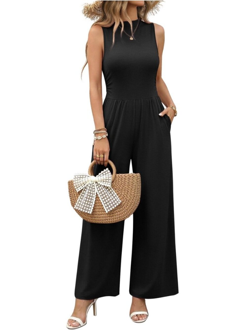 Summer Jumpsuits for Women Casual Mock Neck One Piece Outfits Sleeveless Formal